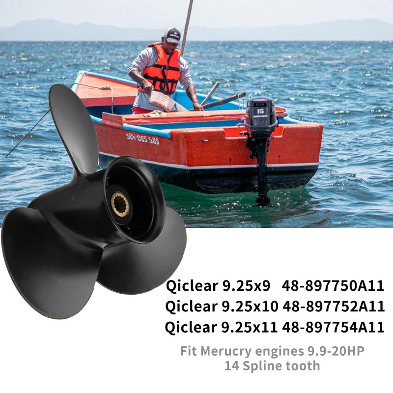 Qiclear بروبلر قوارب من الألمنيوم Qiclear OEM ترقية 9.25 × 9 و10 و11 سن 14 ملعقة تناسب محركات ميركوري الخارجية 9.9/15/20HP ومحركات توهاتسو 9.9/12/15/18HP/20HP، NSM NSF MFS، علبة تروس 2-1/2"، يمين (9.25x9) - Image 2
